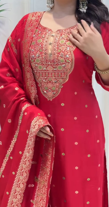 Red designer Banarasi suit set with detailed handwork neckline festive wear look - WishTown Fashion Club