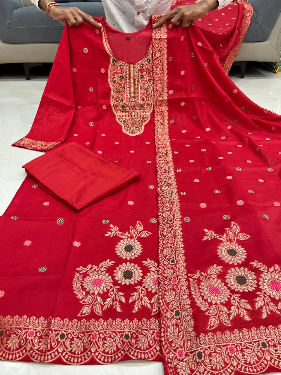 Red traditional Banarasi suit set with Maharaja silk pant and zari weaving details - WishTown Fashion Club