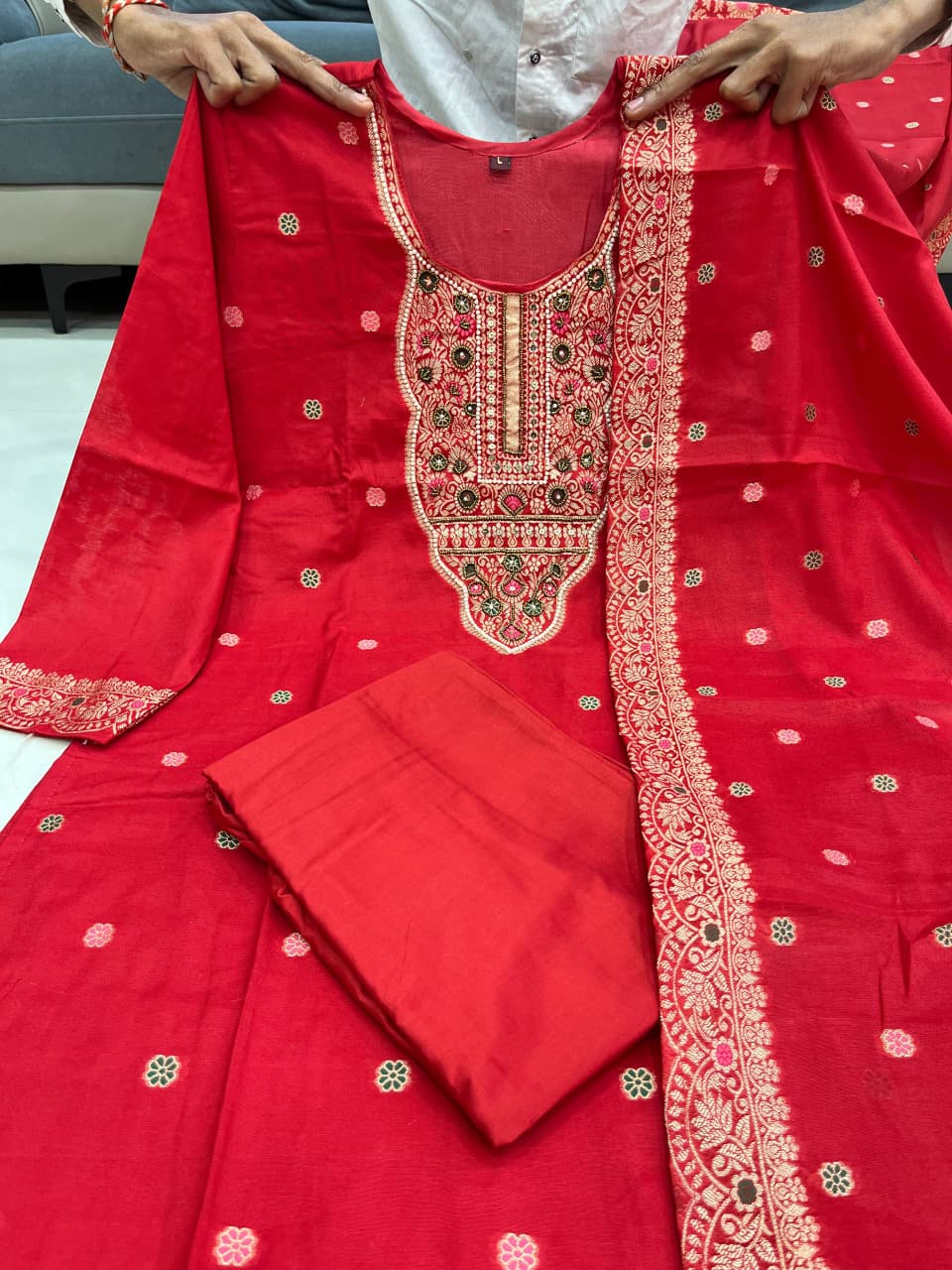 Red Banarasi ethnic suit with woven jacquard dupatta full outfit view - WishTown Fashion Club