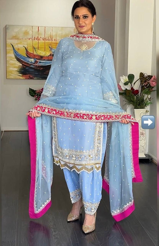 Sky blue diamond georgette top with farshi plazzo and embroidered soft net dupatta - WishTown Fashion Club