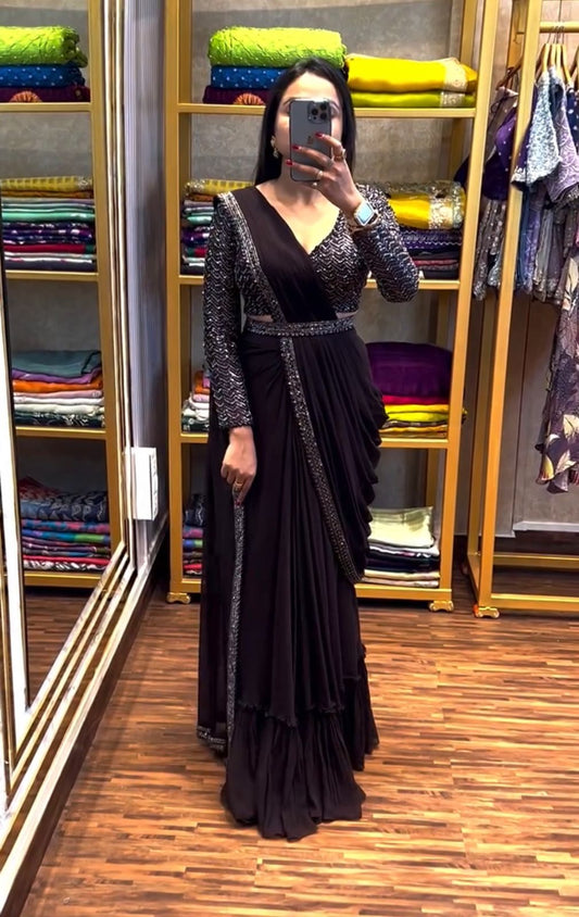 Black heavy Chinon ready to wear saree with embroidery sequence work front view - WishTown Fashion Club