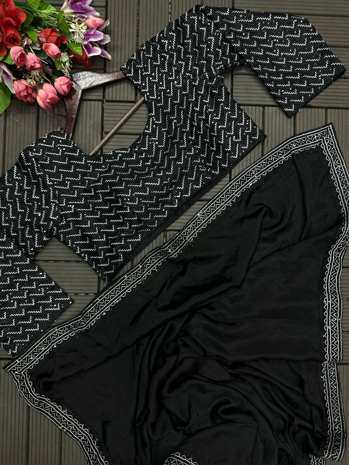 Black party wear Chinon saree with rich embroidery and sequence detailing - WishTown Fashion Club
