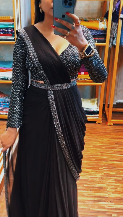 Black designer ready to wear saree with embroidered Bangalore blouse and belt - WishTown Fashion Club