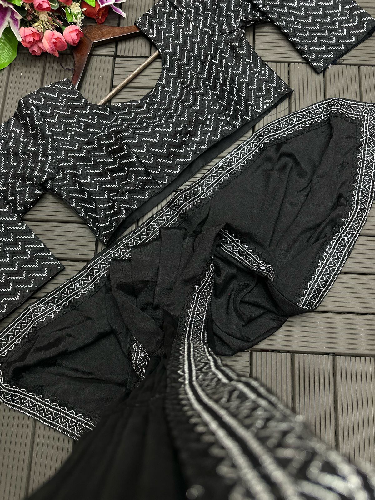 Black party wear Chinon saree with rich embroidery and sequence detailing - WishTown Fashion Club