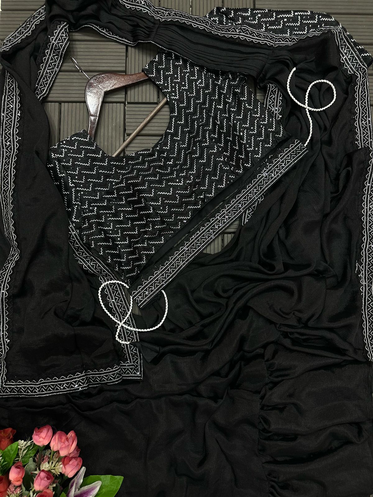 Black elegant Chinon saree with sequence embroidery and stylish belt - WishTown Fashion Club