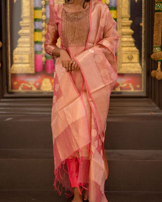 Pink Fendi silk kurti set with embroidery work Roman silk pant and jacquard dupatta - WishTown Fashion Club
