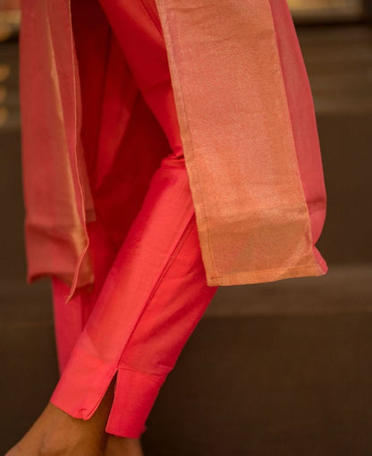 Pink traditional kurti set with embroidered Fendi silk top and stylish ethnic look - WishTown Fashion Club