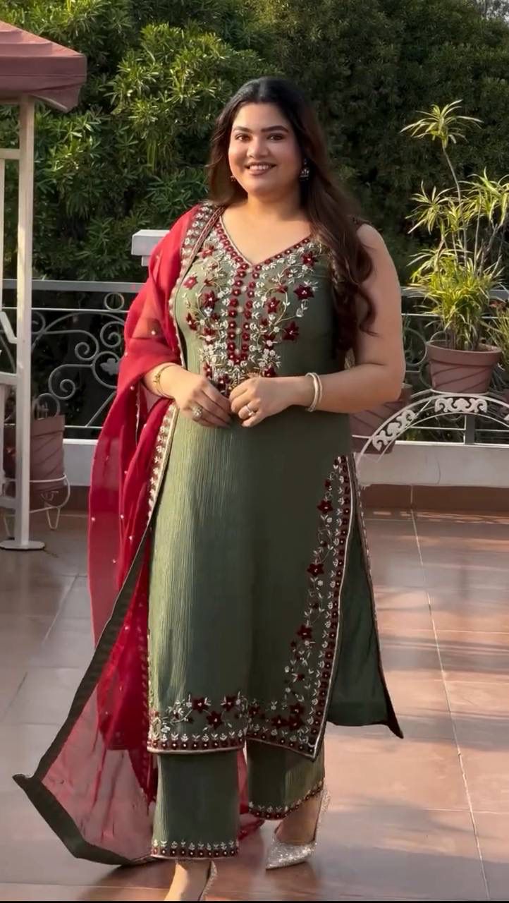 Off khakhi Vichitra silk embroidered suit set with pearl hand work and georgette dupatta - WishTown Fashion Club