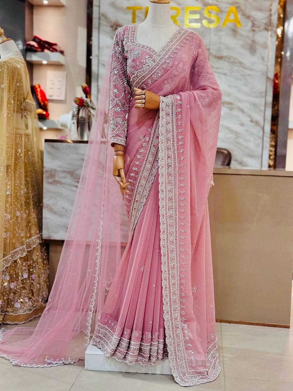 Off pink bridal wear saree with sequence embroidery and soft net dupatta - WishTown Fashion Club