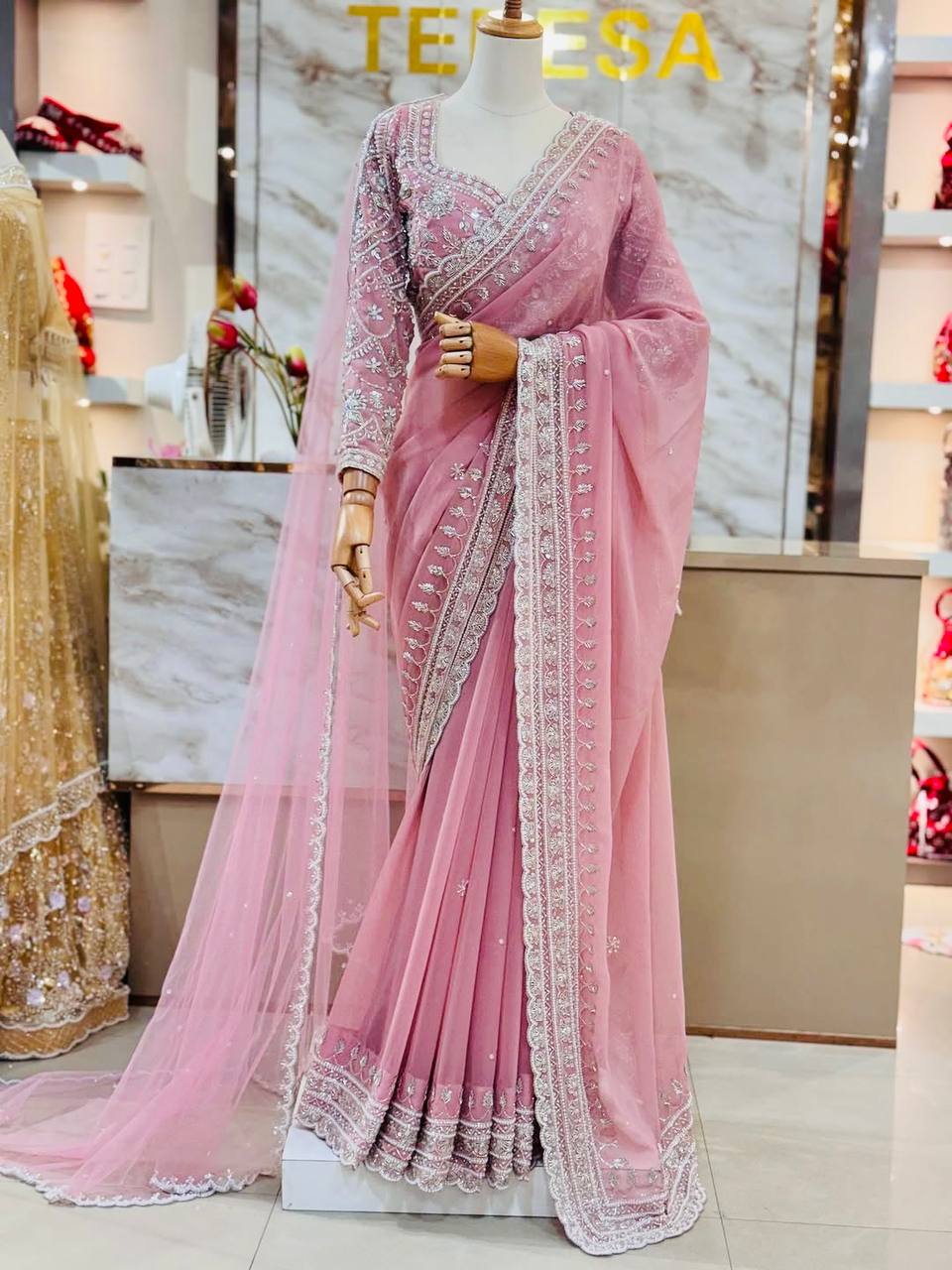 Off pink faux georgette designer saree with heavy chine sequence work and embroidered dupatta - WishTown Fashion Club