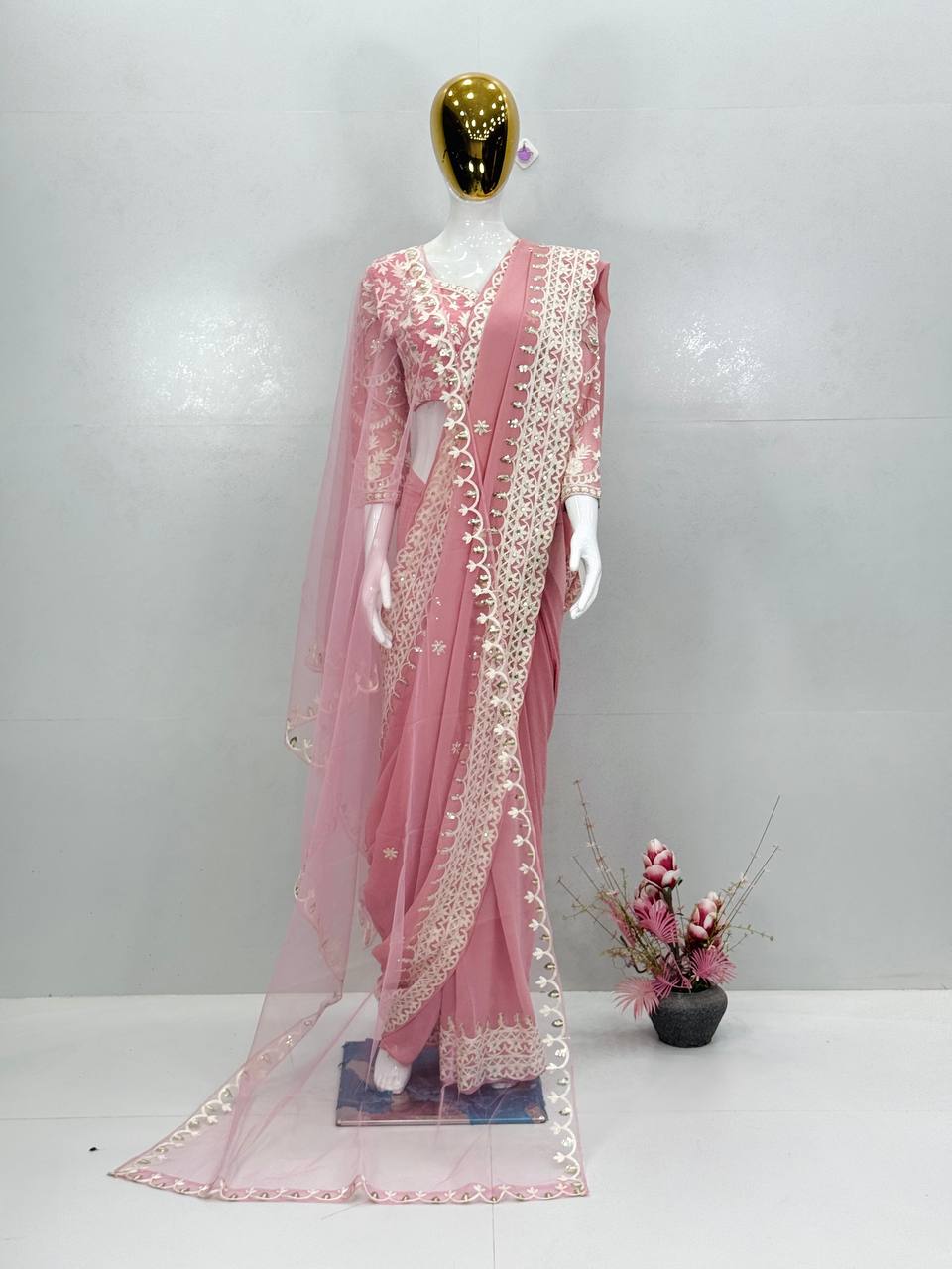 Off pink festive designer saree with heavy sequence work and matching blouse fabric - WishTown Fashion Club