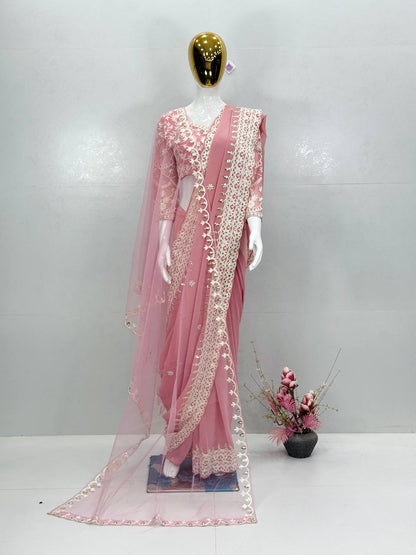 Off pink festive designer saree with heavy sequence work and matching blouse fabric - WishTown Fashion Club