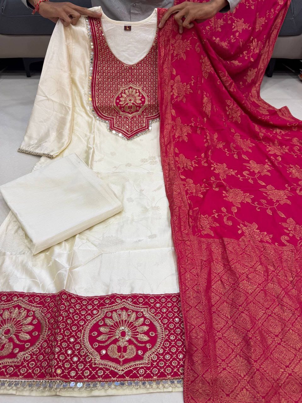 Off white designer Banarasi kurta with Maharaja silky pant and Banarasi dupatta - WishTown Fashion Club