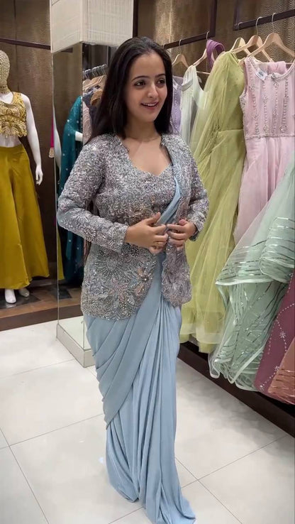Sky blue heavy crepe silk ready to wear saree with embroidered jacket and blouse - WishTown Fashion Club