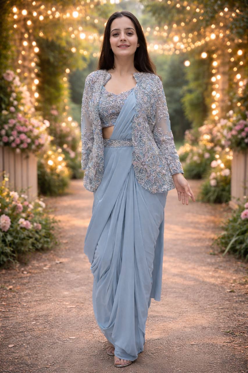 Sky blue party wear ready to wear saree with embroidered blouse and belt - WishTown Fashion Club