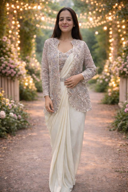 Off white heavy crepe silk ready to wear saree with embroidered jacket and blouse front view - WishTown Fashion Club