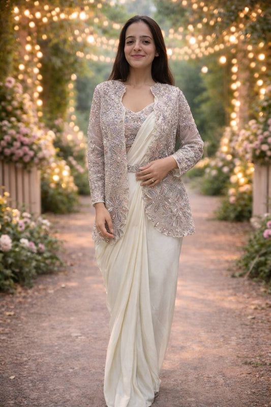 Off white heavy crepe silk ready to wear saree with embroidered jacket and blouse front view - WishTown Fashion Club