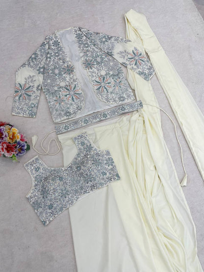 Off white designer ready to wear saree with sequence cording embroidered koti and belt - WishTown Fashion Club