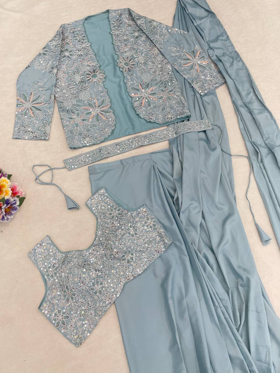 Sky blue designer saree with sequence cording embroidery jacket style outfit - WishTown Fashion Club