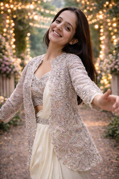 Off white festive wear crepe silk saree with embroidered blouse and jacket full look - WishTown Fashion Club