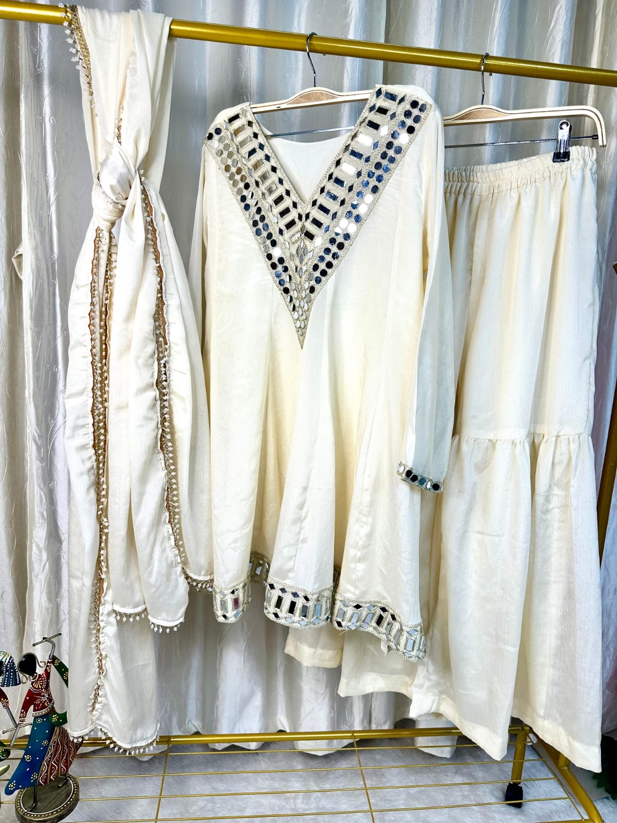 Off white designer festive peplum suit set with elegant dupatta - WishTown Fashion Club