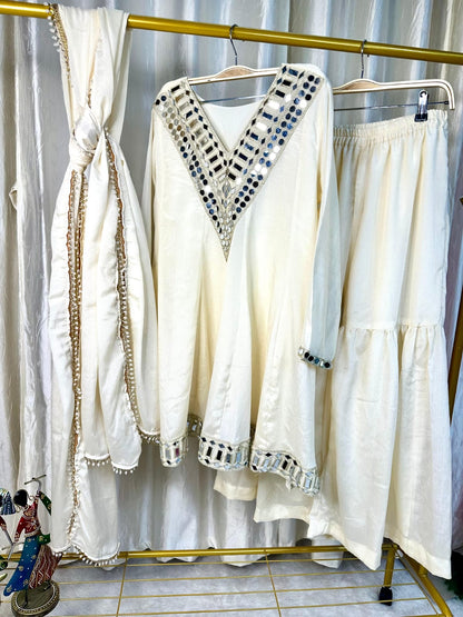 Off white designer festive peplum suit set with elegant dupatta - WishTown Fashion Club