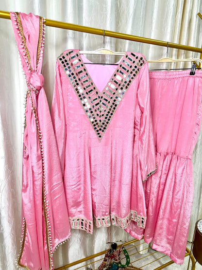 Baby pink designer festive peplum suit with embroidered detailing - WishTown Fashion Club