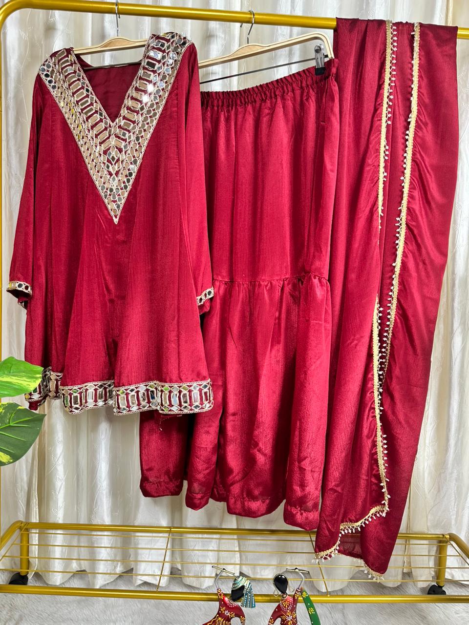 Maroon designer festive peplum suit set with Chinon silk dupatta - WishTown Fashion Club
