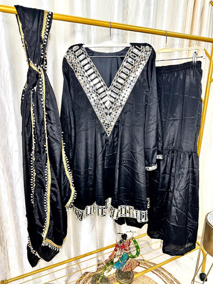 Black designer festive peplum suit with embroidered detailing and dupatta - WishTown Fashion Club