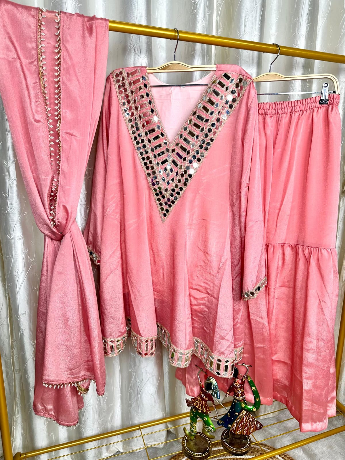 Peach designer festive peplum suit set with elegant embroidery - WishTown Fashion Club