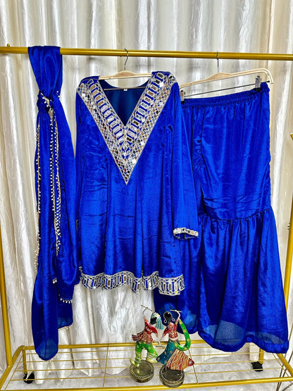 Royal blue festive peplum suit set with embroidered yoke and dupatta - WishTown Fashion Club