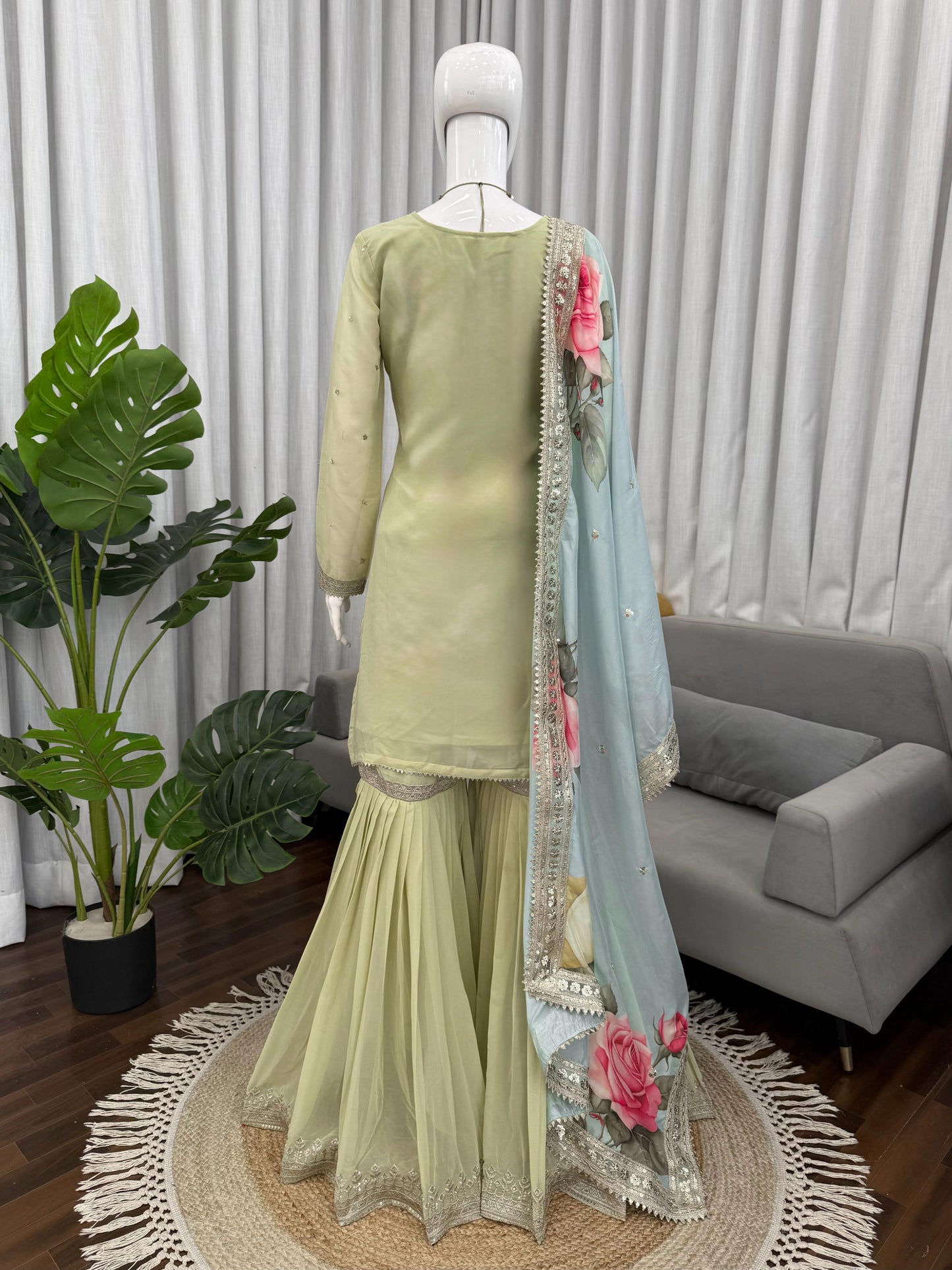 Mint green faux georgette sharara outfit with tibby silk dupatta full look - WishTown Fashion Club