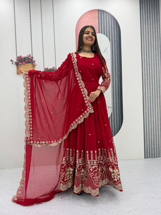 Red fox georgette partywear gown with heavy embroidery and sequence work front view - WishTown Fashion Club