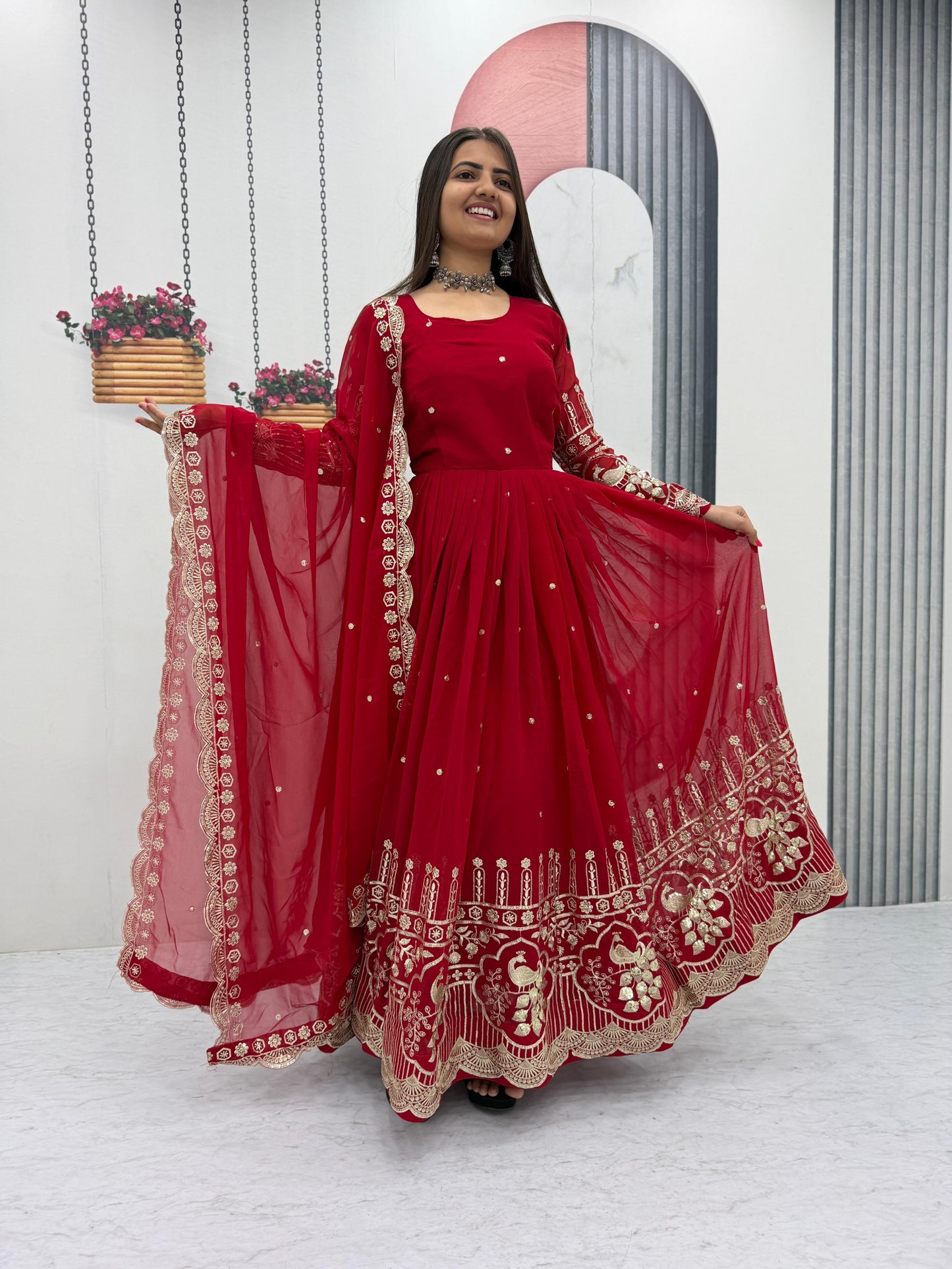 Red festive wear gown with sequence embroidery and matching dupatta - WishTown Fashion Club