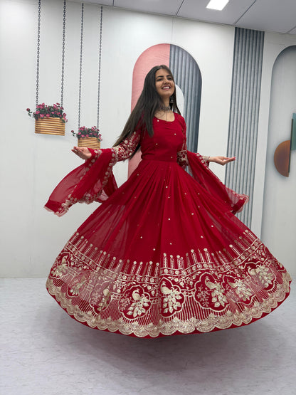 Red designer georgette gown with 3 meter flair and embroidered detailing - WishTown Fashion Club