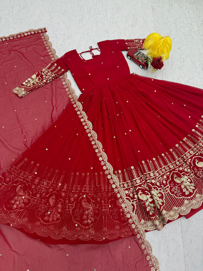 Red wedding party gown with embroidered work and georgette dupatta full look - WishTown Fashion Club
