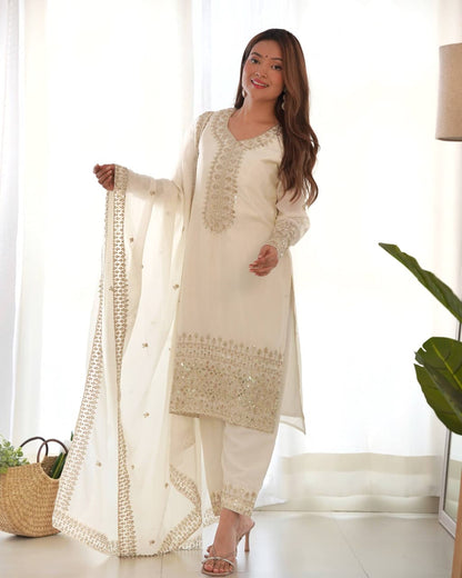 White elegant ethnic Chinon silk kurta pant dupatta set full outfit look - WishTown Fashion Club