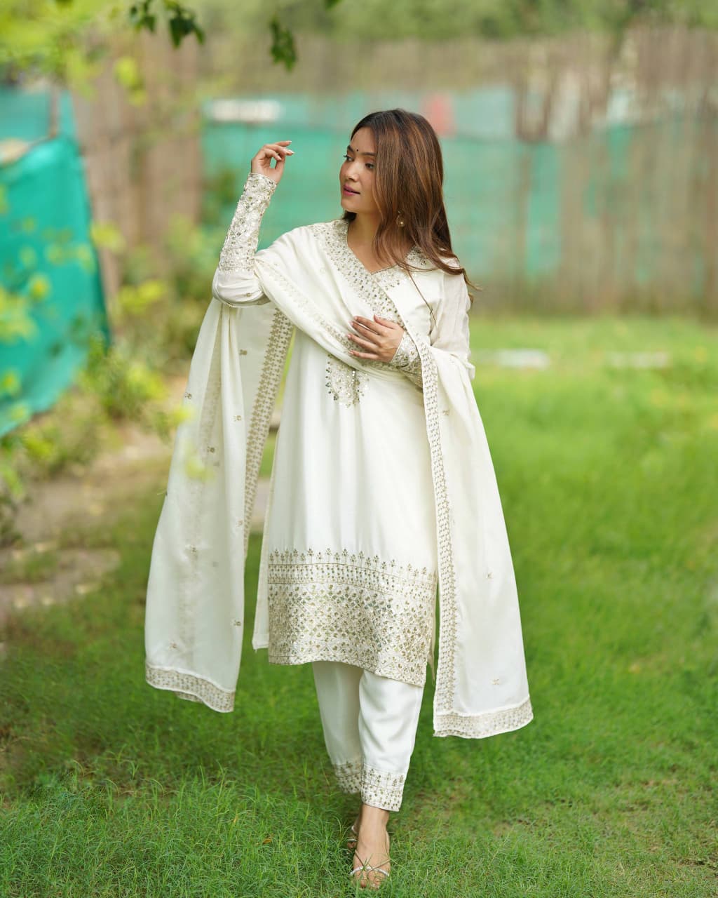White designer Chinon silk kurta with matching pant and embroidered dupatta - WishTown Fashion Club