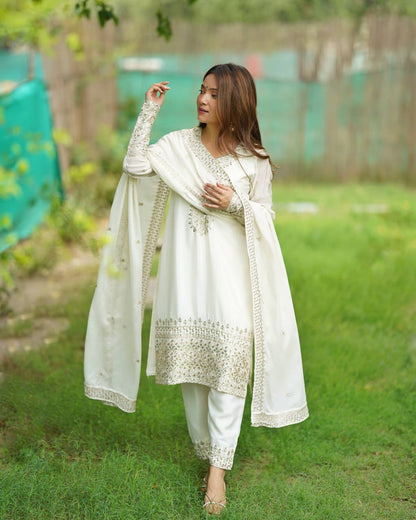 White designer Chinon silk kurta with matching pant and embroidered dupatta - WishTown Fashion Club