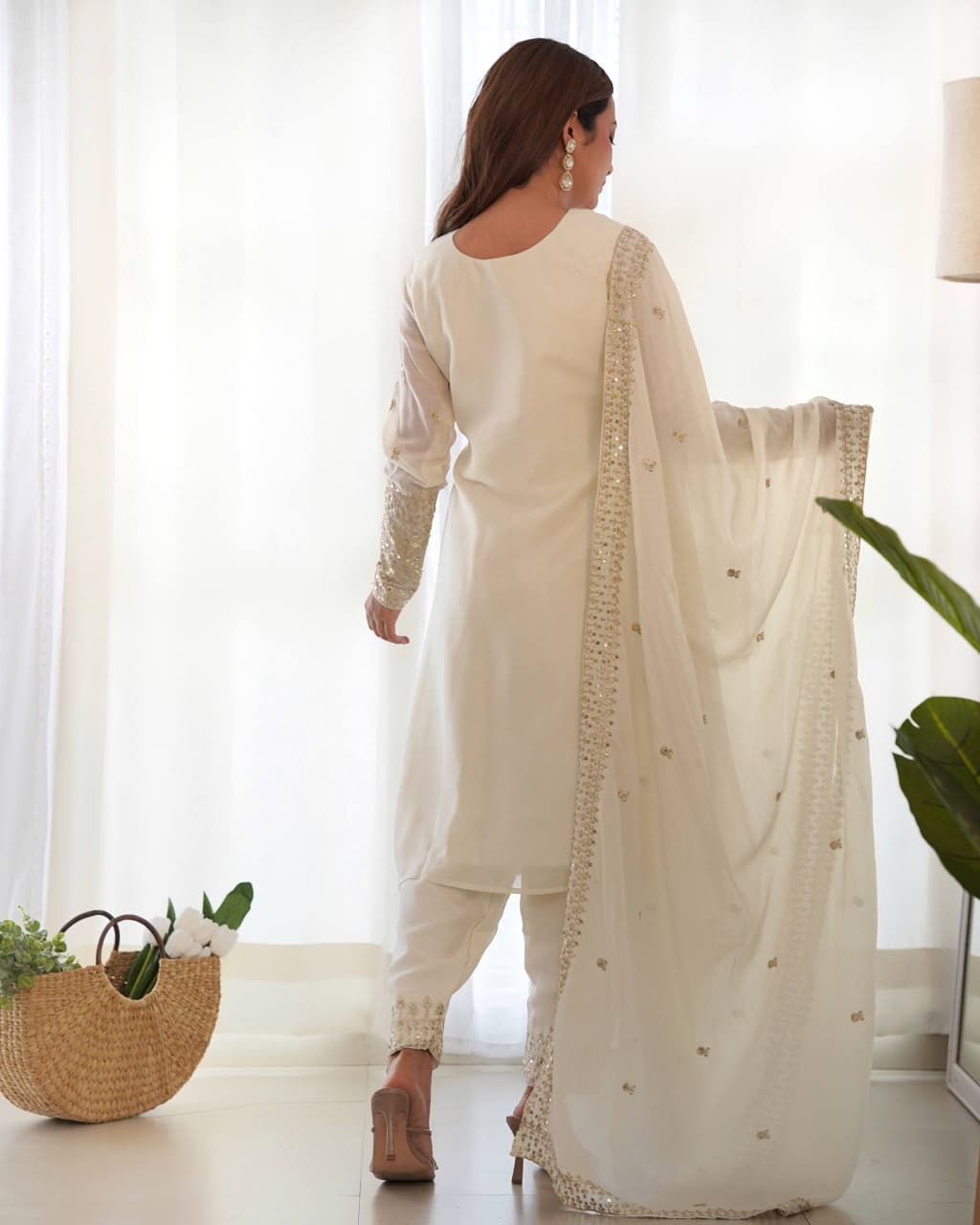 White festive Chinon silk kurta set with sequence embroidery and zari border dupatta - WishTown Fashion Club