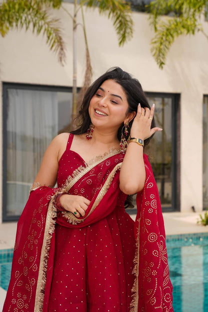 Red festive organza sharara suit set with elegant dupatta full look - WishTown Fashion Club