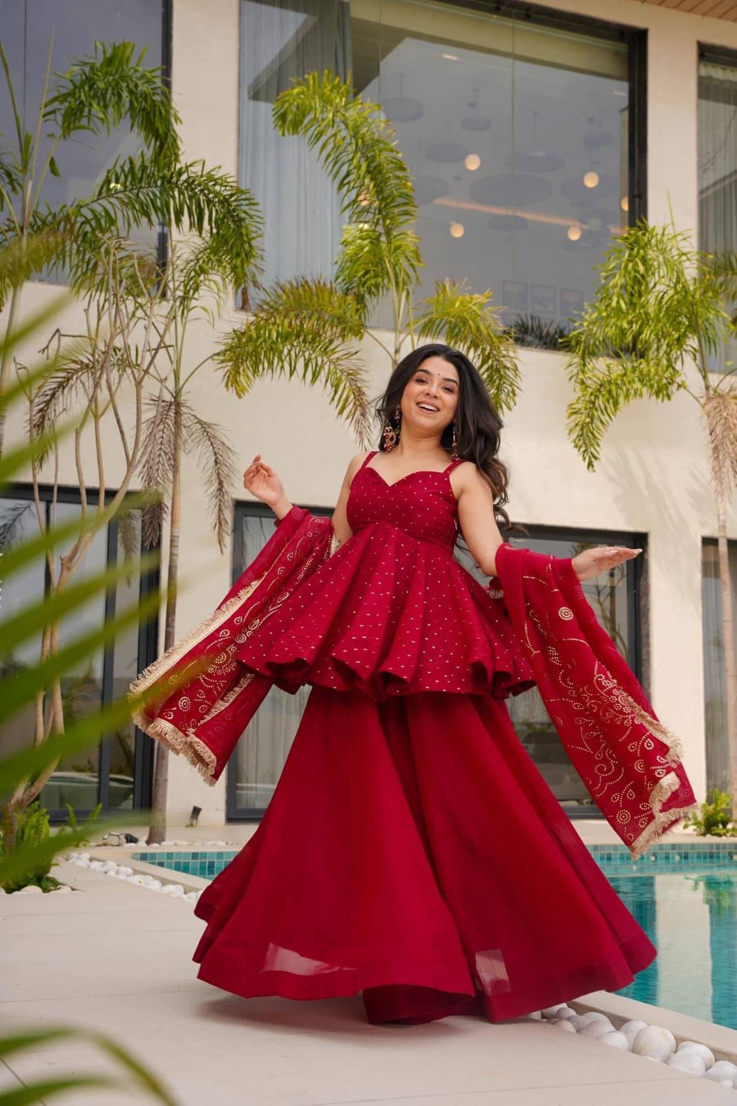 Red Tabby Organza sharara suit set with mukaish work top and lace border dupatta - WishTown Fashion Club