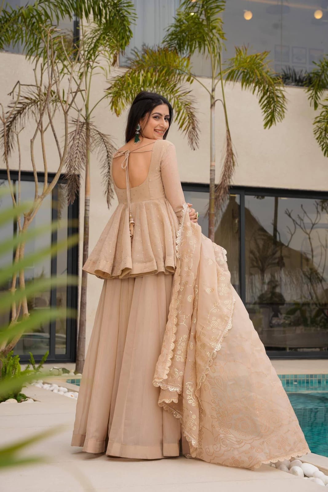 Beige designer sharara plazzo set with mukaish work and organza dupatta full outfit view - WishTown Fashion Club