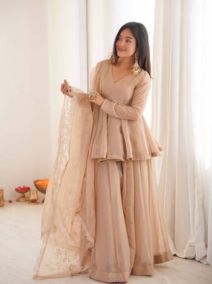 Beige Tabby Organza sharara suit set with mukaish work top and lace border dupatta - WishTown Fashion Club