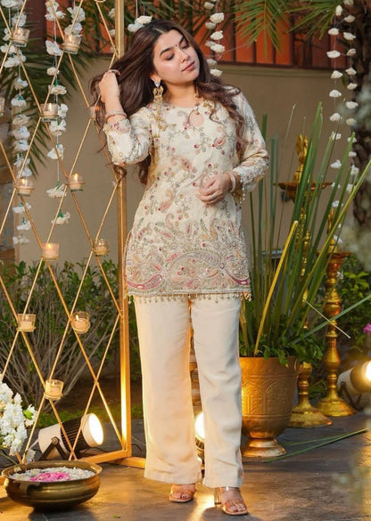 White designer crepe silk top and bottom co ord set with elegant embroidery - WishTown Fashion Club