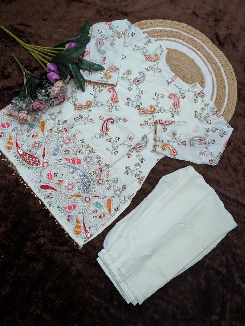 White stylish crepe silk women co ord set with sequence embroidery detailing - WishTown Fashion Club