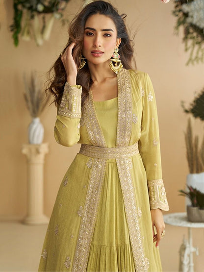 Olive green festive party wear gown with Chinon silk shrug and sequence embroidery - WishTown Fashion Club