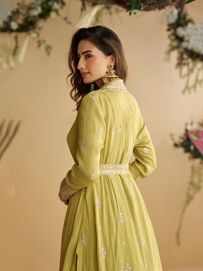 Olive green designer Chinon silk gown with 3 meter flair and embroidered shrug - WishTown Fashion Club