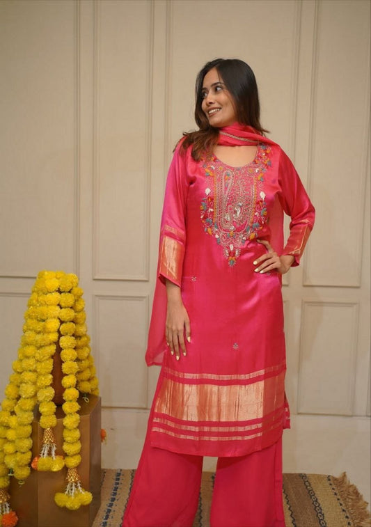 Pink Lagdi viscose silk embroidered kurta set with viscose cotton bottom and Chanderi dupatta - WishTown Fashion Club