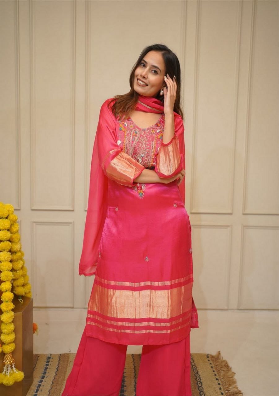 Pink designer embroidered kurti set with heavy sequence coding work and ethnic styling - WishTown Fashion Club